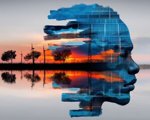 Silhouette of an Engineer Embracing a Solar Future with Double Exposure Technique Against a Sunset Horizon and Sustainable Energy Background