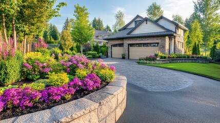 Beautiful curb appeal.  Landscaped driveway leading to a two-car garage, surrounded by vibrant flowers and lush greenery.  A well-maintained home in the background
