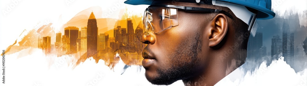 Poster engineer silhouette against city skyline with solar elements and double exposure effect for future-o