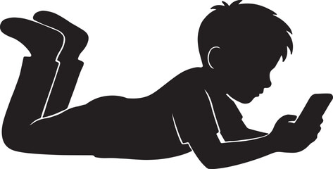 silhouette of boy laying down and looking at smartphone vector art illustration