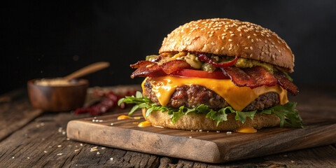 Juicy bacon cheeseburger melted cheese dripping sesame bun rustic wooden board dark background