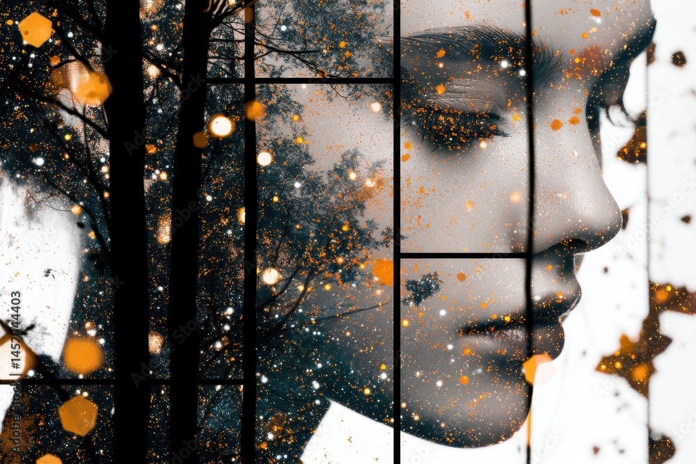 Poster double exposure of engineer silhouette with solar elements and abstract patterns for future innovati