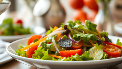 Vegetable salad, healthy food, dinamic scene. with white shades