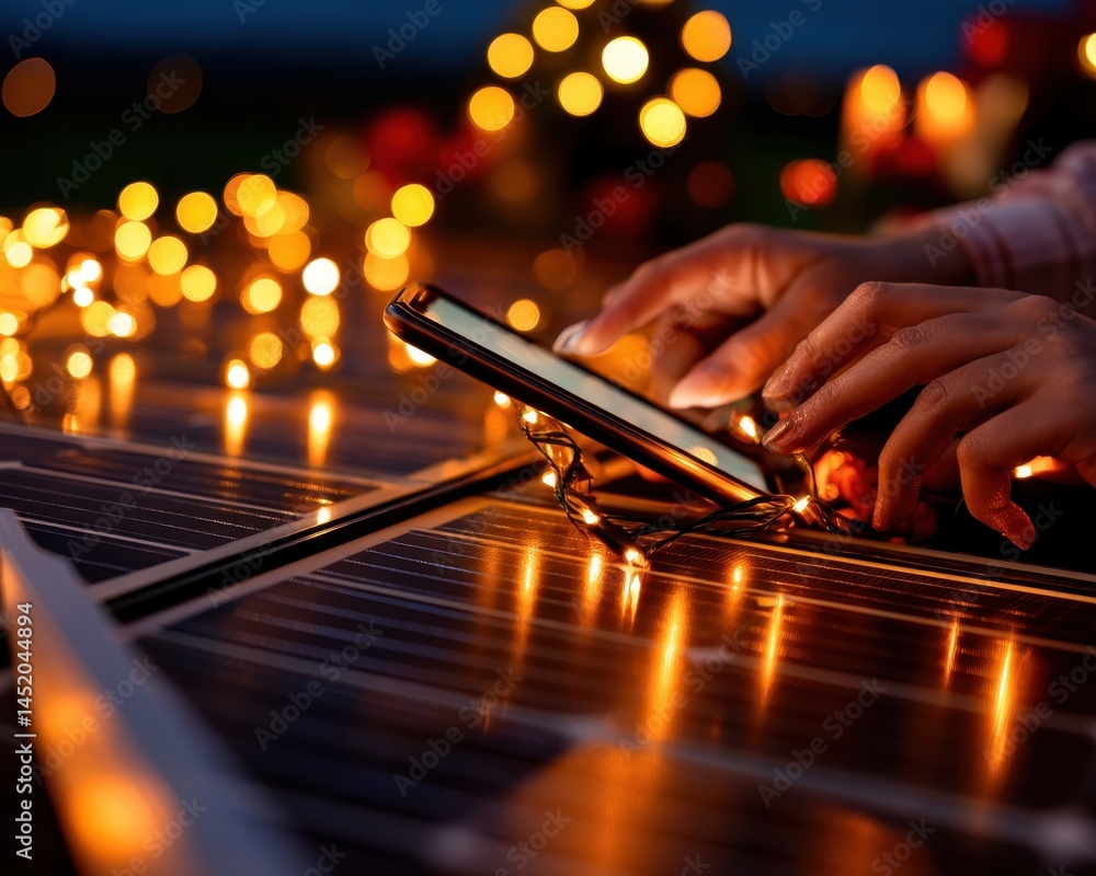 Poster engineer using smartphone to interact with solar panel while surrounded by ambient light during twil