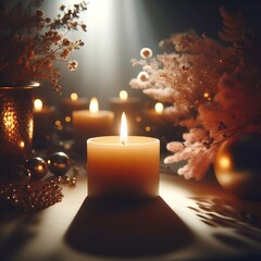 A candle in a serene setting, surrounded by soft light and shadows, with a warm and inviting atmosphere.