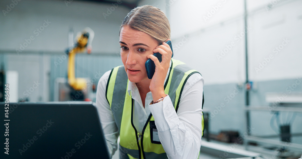 Poster robotics, phone call and woman in factory, laptop and conversation with network, email and connectio