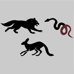 Naklejka premium Striking animal silhouettes wolf snake and kangaroo a powerful graphic design with bold black shapes against a light