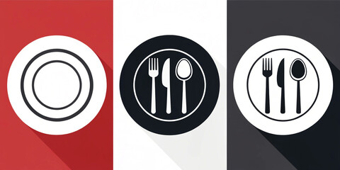 Elegant plate icons Dinnerware cutlery restaurant menu food design simple black white red graphic