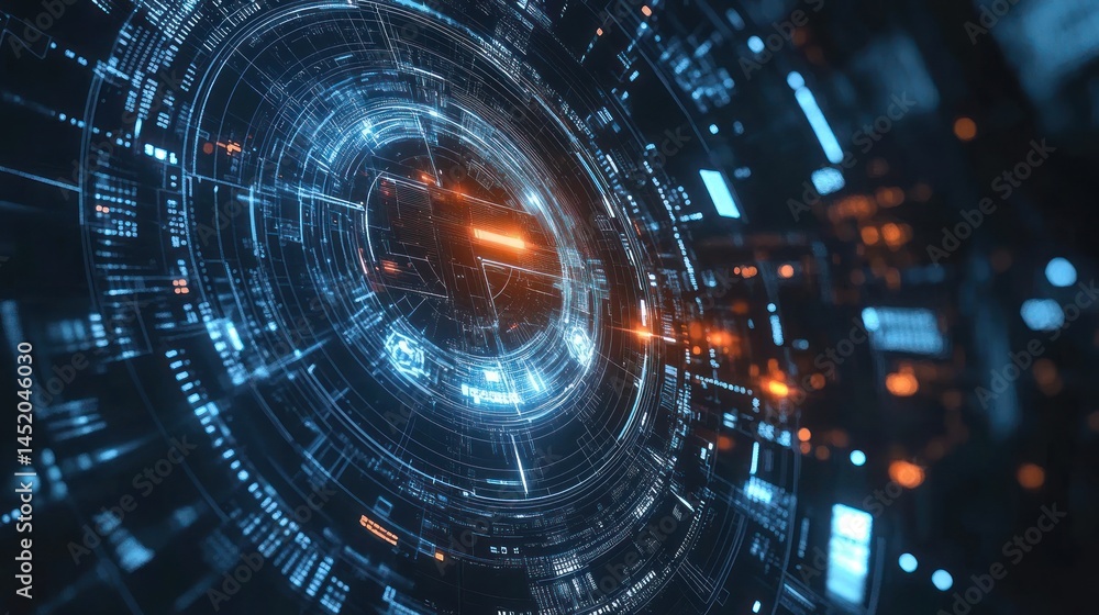 Poster abstract digital graphic with glowing lines and data streams