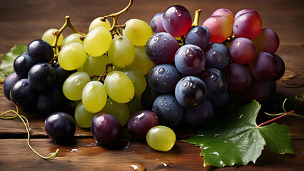 Fresh, ripe fruits like red apples and green grapes alongside healthy vegetables make a colorful food display