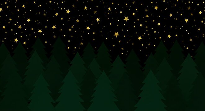 Golden Stars Over Emerald Pines: A Nighttime Forest Scene AI Generated