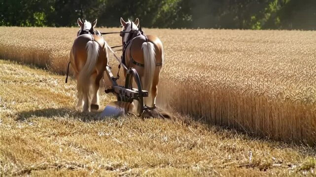 Haflinger Horses Pulling Plow Through Golden Wheat Field