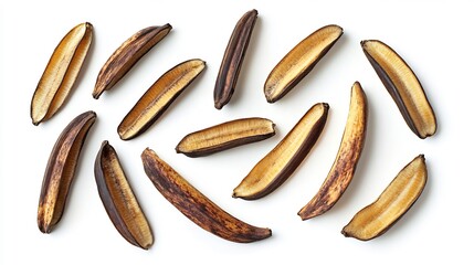 Top down view of small wild bananas native arid USA regions sliced arranged artistically on a white background used in educational and botanical food visuals cut out on isolated transparent background
