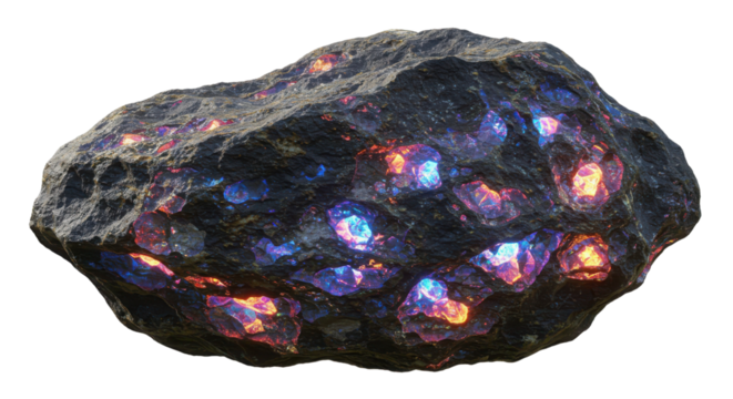 Isolated Dark Rough Rock with Embedded Glowing Blue and Orange Minerals 3D Render