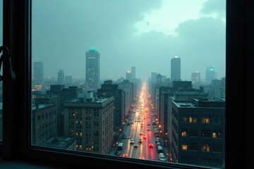 Gloomy cityscape view from window, rain streaks, dark, melancholy, modern