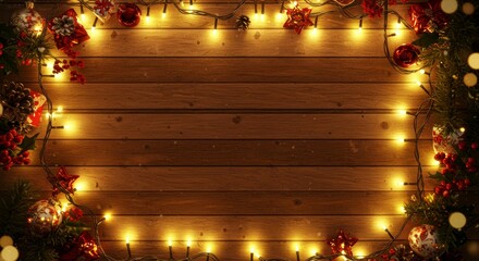 Festive Holiday Decor with String Lights on Wood Background
