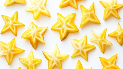 Obraz premium Top down view of starfruit slices arranged like stars clean white background exotic tropical fruit vibrant yellow skin often used American garnish smoothies cut out on isolated transparent background