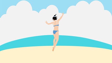 浜辺で夏休みを満喫する女性のイラスト(海水浴)	