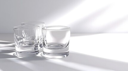 CG Glassware with Reflections: Crystal-clear CG glassware with subtle reflections and shadows, placed on a pristine white background. 
