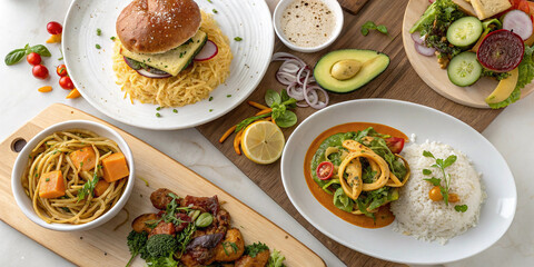 Delicious healthy meal options gourmet veggie burger pasta squid rice vibrant colors overhead shot