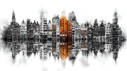 Fototapeta premium Monochrome city skyline with orange building reflection.