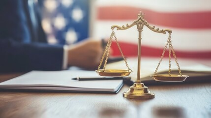 Lawyer working, scales of justice, American flag, legal documents