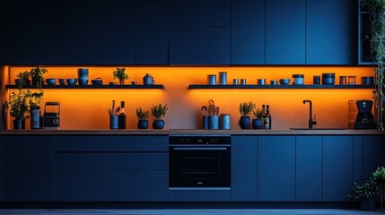 Modern, illuminated kitchen with dark blue cabinetry, warm lighting, and plants