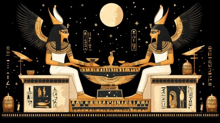 Fototapeta premium Egyptian deities seated in a celestial banquet
