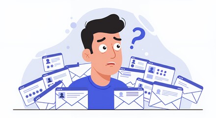 Man Surrounded by Emails and Web Pages in Confusion Digital Illustration