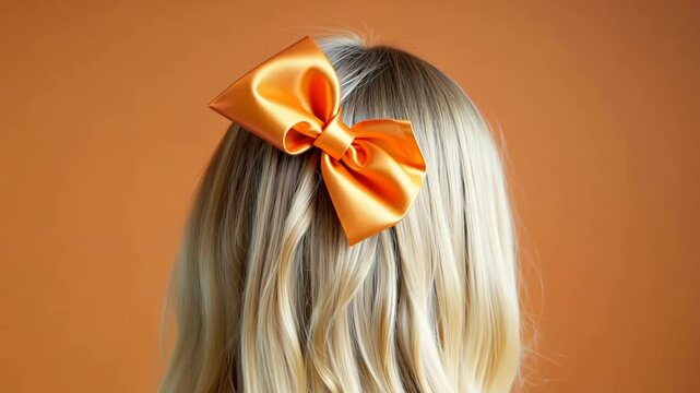 zoom in to bow oh head of elegant blonde girl. hair style with orange ribbon against vibrant carroty background. fashion and elegance concept. hair accessories, blond female hairstyle