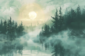 Misty Dawn Tranquility by the Lake