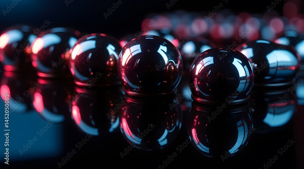 Poster dark reflecting spheres under neon glow,a close up view of smooth shiny metallic orbs reflecting vib
