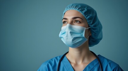 A young female medical professional, wearing a surgical mask and cap, gazes thoughtfully upward, conveying hope and dedication in her profession.
