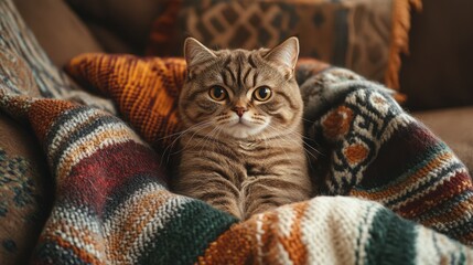 Chubby brown Scottish Fold kitten sitting on a cozy couch, looking directly into the camera with a curious expression and folded ears visible in detail