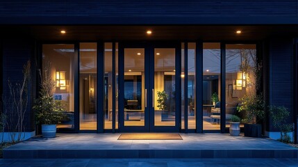 Modern home entrance at night, featuring large glass doors and warm lighting
