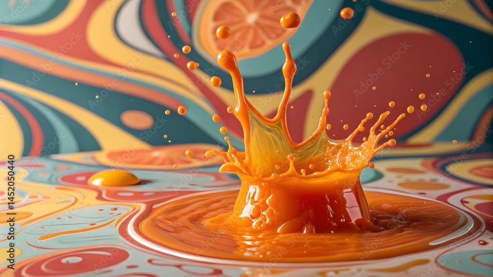 Poster vibrant orange liquid explodes in a dynamic splash, creating a mesmerizing crown-like form against a