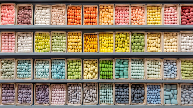 Colorful candy display on shelves showing various candies with varying colors and arrangements in individual containers.