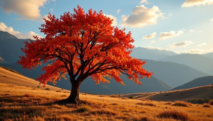 Fototapeta premium lone tree glowing in vibrant bronze hues, bathed in golden hour light from unseen presence, embrace sunny realism with a touch of solitude