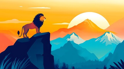 Majestic Lion with Sunset Mountain View.