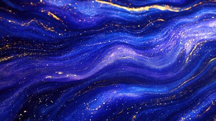 Obraz premium Abstract wallpaper of swirling cobalt blue and electric purple ribbons, streaked with shimmering golden highlights, ultra-high resolution, sharp focus