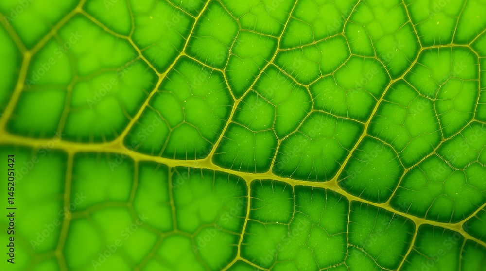 Poster magnificent close-up of a vibrant green leaf, showcasing intricate vein patterns and cellular struct