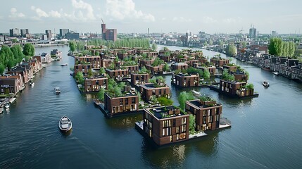 Fototapeta premium Aerial view of modern floating houses on a canal.
