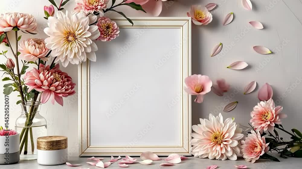 Poster Creative floral display with elegant frame showcasing dahlia and chrysanthemum blooms in a serene setting Generative AI