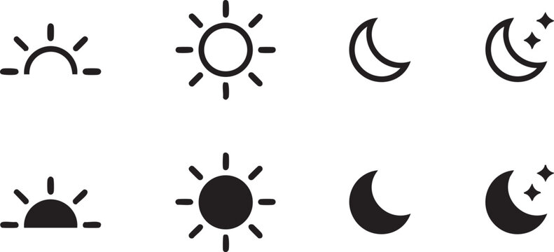 A set of six simple, black and white icons representing the day and night.