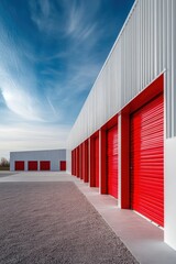 Modern storage units with red doors