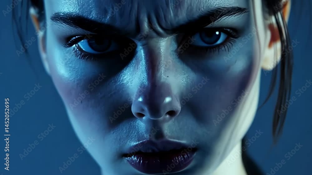 Poster intense expression captured in blue light highlighting emotions and focus in a dark background setti