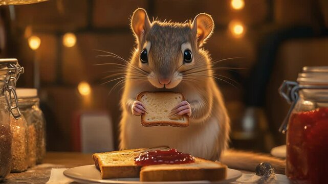 Mouse eating jam toast at night