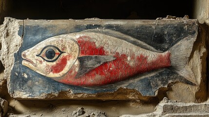 Ancient painted fish relief on a crumbling wall fragment.  Depicts a stylized fish with vibrant red coloring and a large eye.  Part of a larger architectural or decorative element