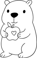 Cute capybara holding apple with heart, showcasing playful and friendly expression