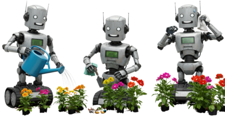 Robots gardening and watering colorful flowers isolated PNG with Transparent Background